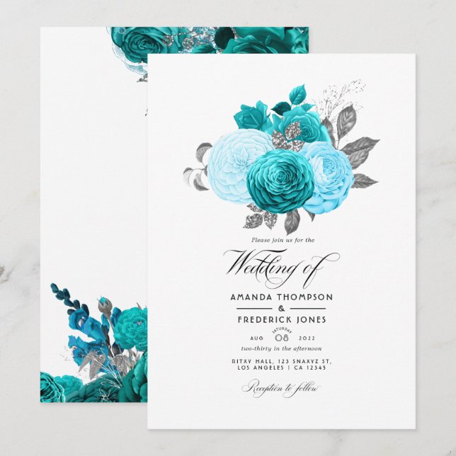 Teal - Turquoise and Silver Floral Wedding Invitation (Front/Back)