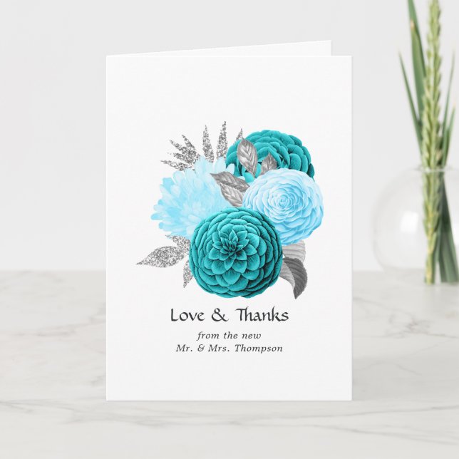 Teal - Turquoise and Silver Floral Wedding Thank You Card (Front)