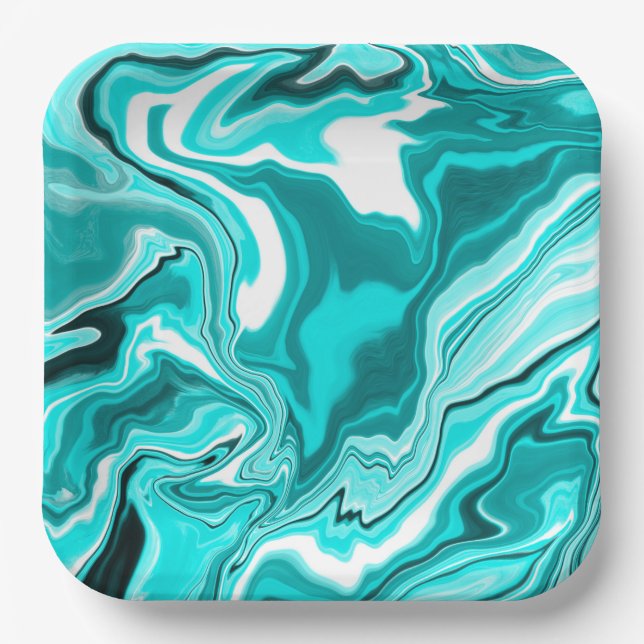 Teal, Turquoise and White Marble   Paper Plate (Front)