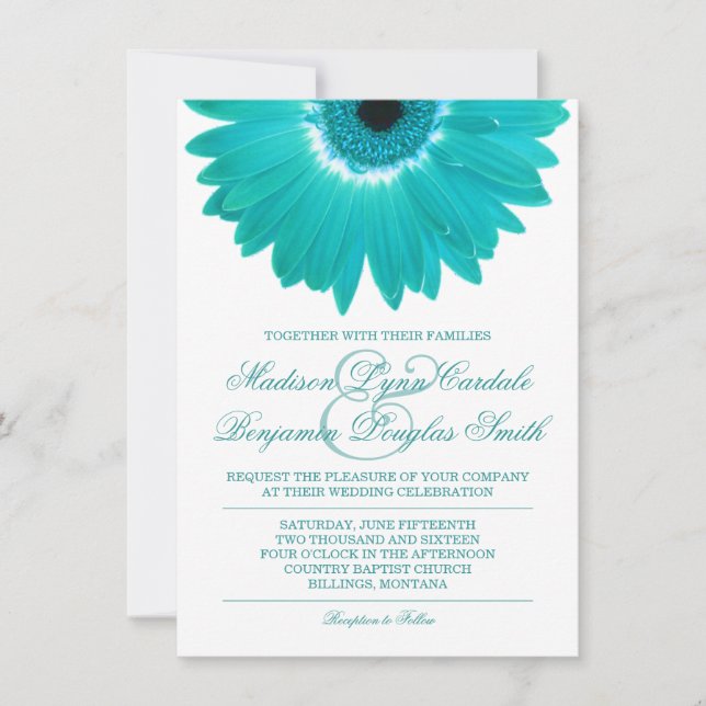 Teal Turquoise Aqua Daisy Wedding Invitations (Front)