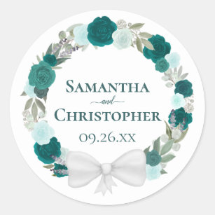 Teal Turquoise & Aqua Roses Floral Wreath Wedding Classic Round Sticker
