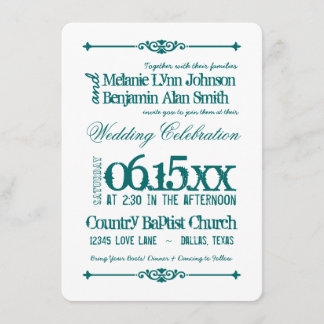 Teal Turquoise Aqua Typography Wedding Invitations