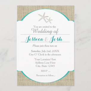 Teal Turquoise Beach Burlap Starfish Invitation