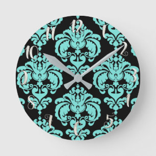 Teal Turquoise & Black Damask Modern Personalised Round Clock