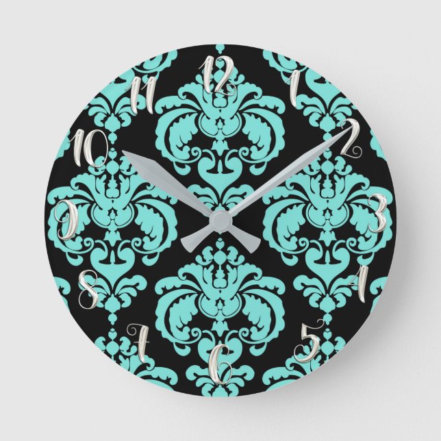 Teal Turquoise & Black Damask Modern Personalised Round Clock (Front)