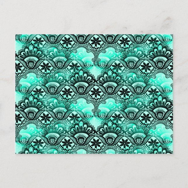 Teal Turquoise Blue and Black Lace Damask Pattern Postcard (Front)