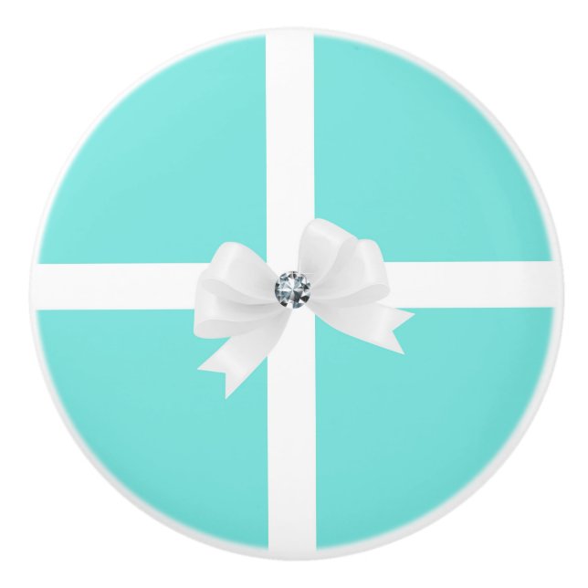Teal Turquoise Blue & Bow Chic Ceramic Knob (Front)