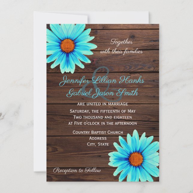 Teal turquoise blue floral, rustic wood wedding invitation (Front)