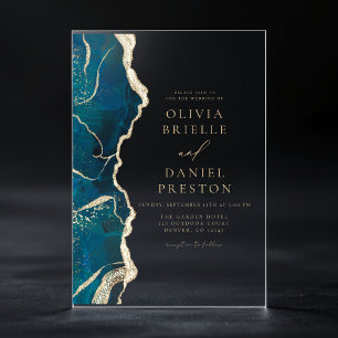 Teal Turquoise Blue Gold Agate Elegant Wedding Acrylic Invitations