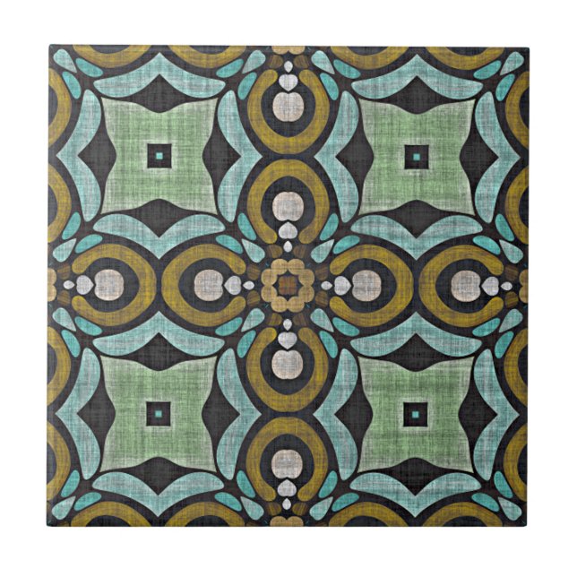 Teal Turquoise Blue Green Ochre Ethnic Tribe Art Tile (Front)