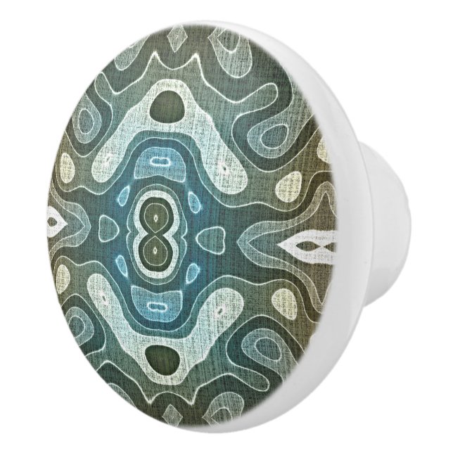 Teal Turquoise Blue Grey Brown Ethnic Tribe Art Ceramic Knob (Right)