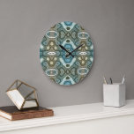 Teal Turquoise Blue Grey Brown Hip Bohemian Art Large Clock<br><div class="desc">Beautiful contemporary ochre yellow, brown, grey green, turquoise, teal blue and grey coloured Bohemian mosaic pattern. Modern and cool design for the trend savvy interior decorator and art loving hip trendsetter, vintage retro look style or abstract geometric motif lover. This fun and cute hipster design is available on a large...</div>