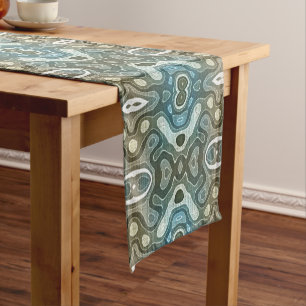 Teal Turquoise Blue Grey Brown Hip Bohemian Art Short Table Runner
