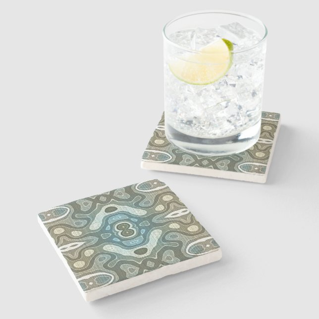 Teal Turquoise Blue Grey Brown Hip Bohemian Art Stone Coaster (Side)