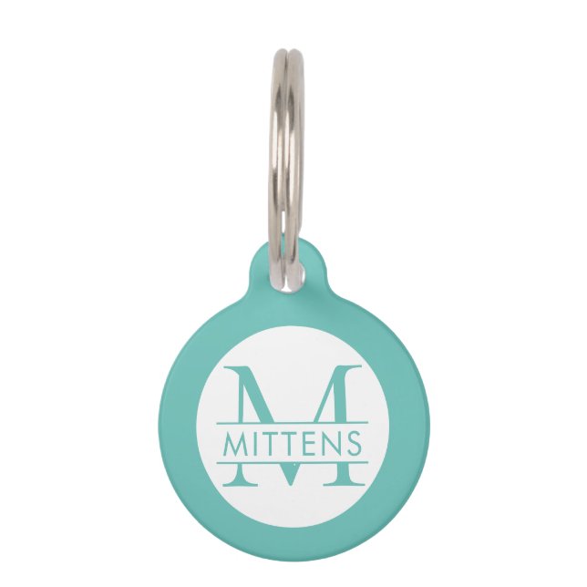 Teal Turquoise Blue Monogram Pet Tag (Front)