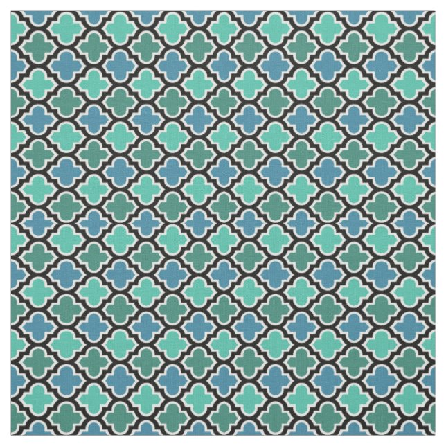 Teal Turquoise Blue Moroccan Quatrefoil Pattern Fabric (Swatch)