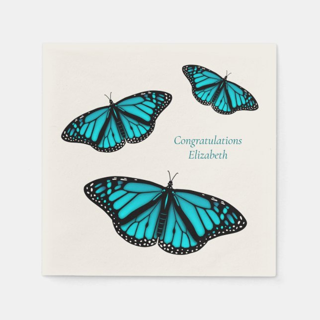 teal turquoise butterflies personalised napkin (Front)