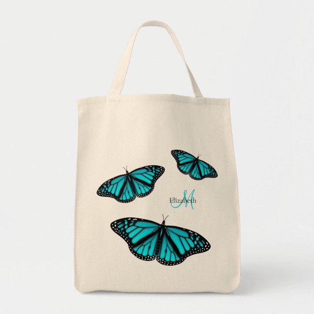 teal turquoise butterflies personalised tote bag (Front)