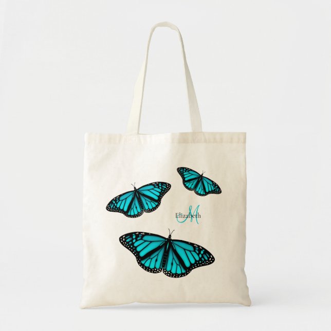 teal turquoise butterflies personalised tote bag (Front)