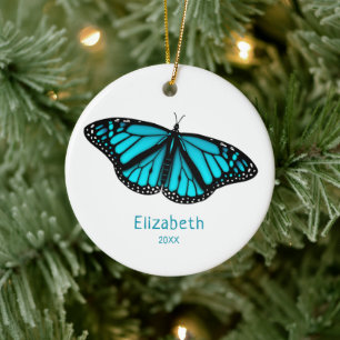 teal turquoise butterfly personalised ceramic tree decoration