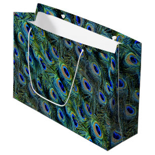Teal Turquoise Colourful Peacock Feathers Large Gift Bag