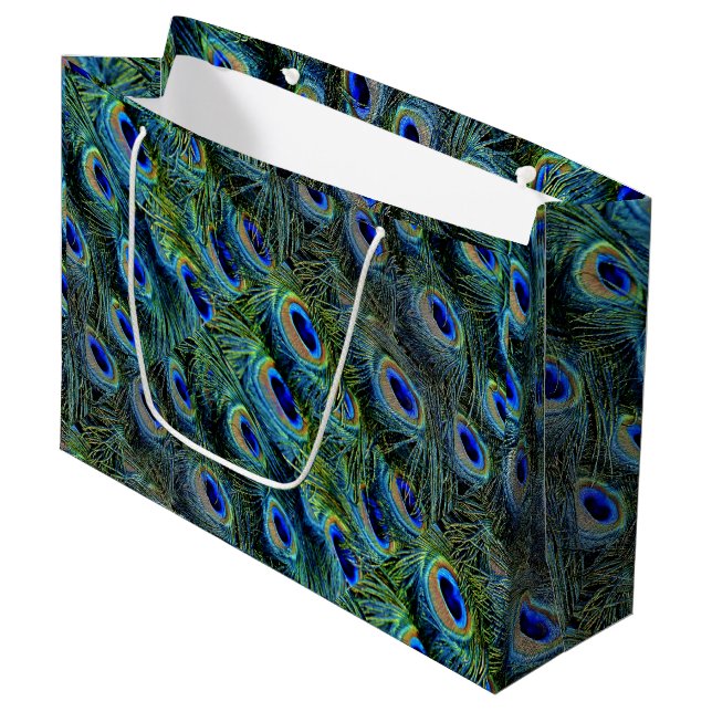 Teal Turquoise Colourful Peacock Feathers Large Gift Bag (Front Angled)