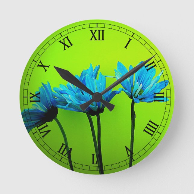 Teal Turquoise Daisies on Lime Green Flowers Gifts Round Clock (Front)