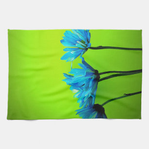 Teal Turquoise Daisies on Lime Green Flowers Gifts Tea Towel