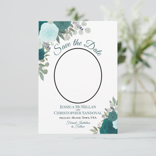 Teal & Turquoise Elegant Floral Boho Wedding Photo Save The Date (Standing Front)