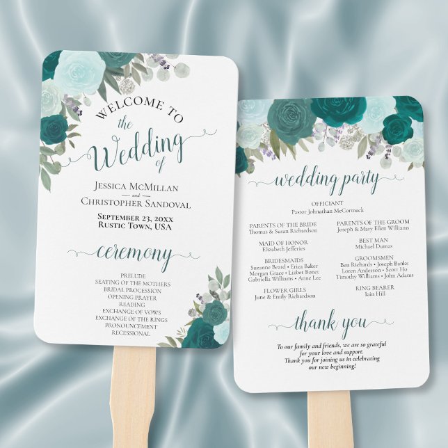 Teal & Turquoise Elegant Floral Wedding Program Hand Fan (Front/Back)