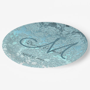 Teal Turquoise Elegant Wedding Reception Monogram Paper Plate