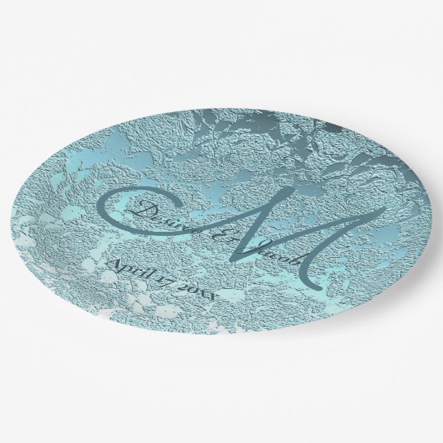 Teal Turquoise Elegant Wedding Reception Monogram Paper Plate (Angled)