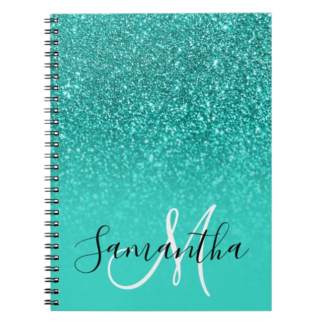 Teal Turquoise Faux Glitter Ombre Monogram Notebook (Front)