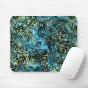 Teal Turquoise Faux Gold Minerals Agate Pattern Mouse Mat
