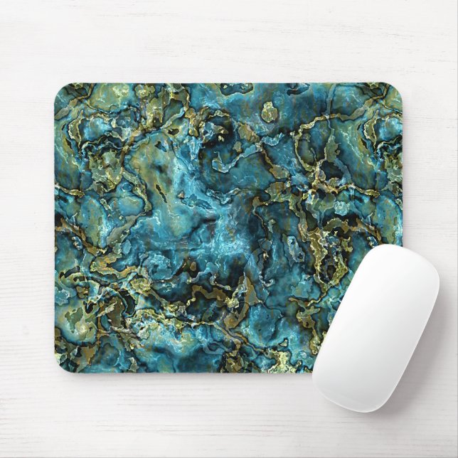 Teal Turquoise Faux Gold Minerals Agate Pattern Mouse Mat (With Mouse)