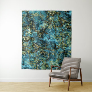 Teal Turquoise Faux Gold Minerals Agate Pattern Tapestry