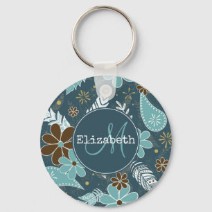 teal turquoise feathery flowery boho pattern key ring