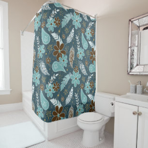 teal turquoise feathery flowery boho pattern shower curtain