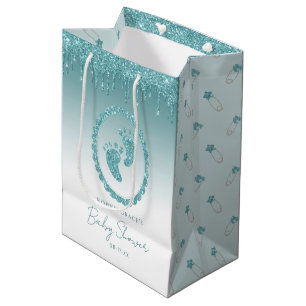 Teal Turquoise Glitter Drips Baby Shower Feet  Medium Gift Bag