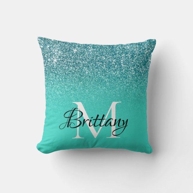 Teal Turquoise Glitter Ombre Monogram Cushion (Front)