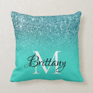 Teal Turquoise Glitter Ombre Monogram Cushion