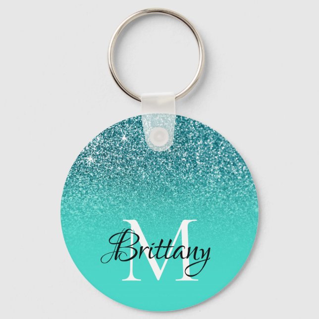 Teal Turquoise Glitter Ombre Monogram Key Ring (Front)
