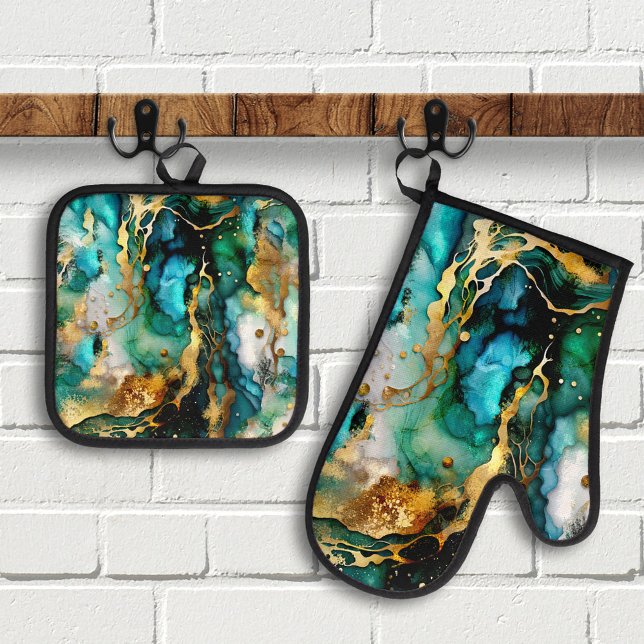 Teal Turquoise Gold Abstract Art  Oven Mitt & Pot Holder Set (Oven mitt and pot holder set featuring a modern abstract design in teal, turquoise and glitter gold.)