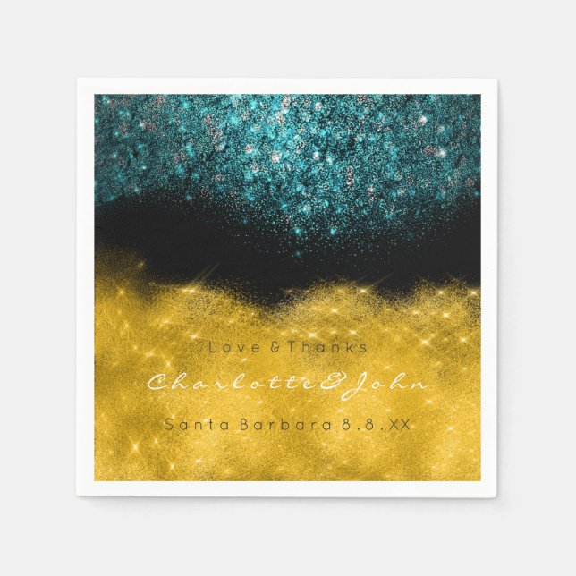 Teal Turquoise Gold Black White Confetti Glitter Napkin (Front)