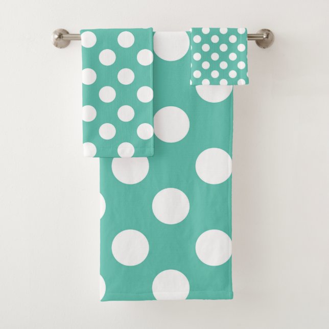 Teal Turquoise Green & White Polka Dots Dot Bath Towel Set (Insitu)