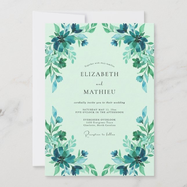 Teal Turquoise Leafy Wedding Invitation (Front)