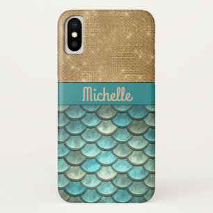 Teal Turquoise Mermaid Scales   Gold Glitter Name iPhone X Case