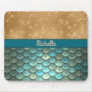 Teal Turquoise Mermaid Scales   Gold Glitter, Name Mouse Mat