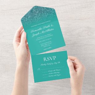 Teal Turquoise Ombre Glitter Wedding All In One Invitation