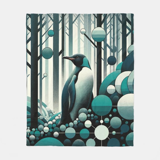 Teal Turquoise Penguin In The Art Deco Geometrical Fleece Blanket (Front)